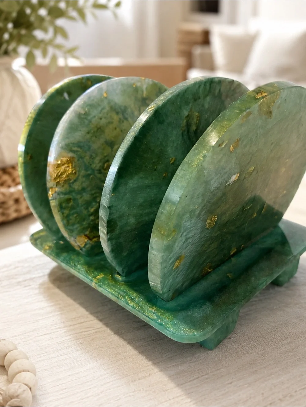 Green Marble-Effect Resin Coaster Set with Gold Flecks
